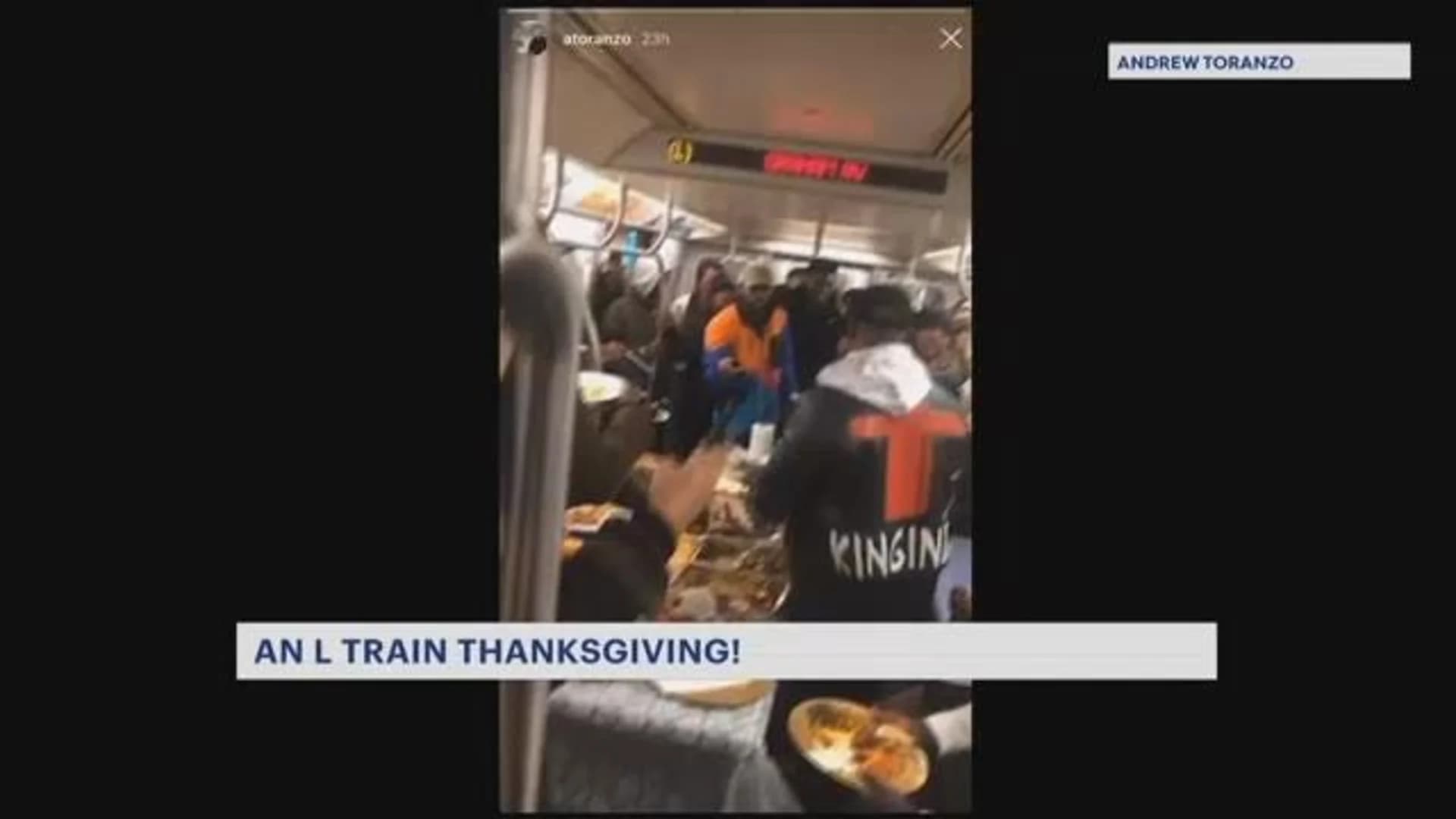 Viral video shows commuters hosting their own Thanksgiving feast on L train