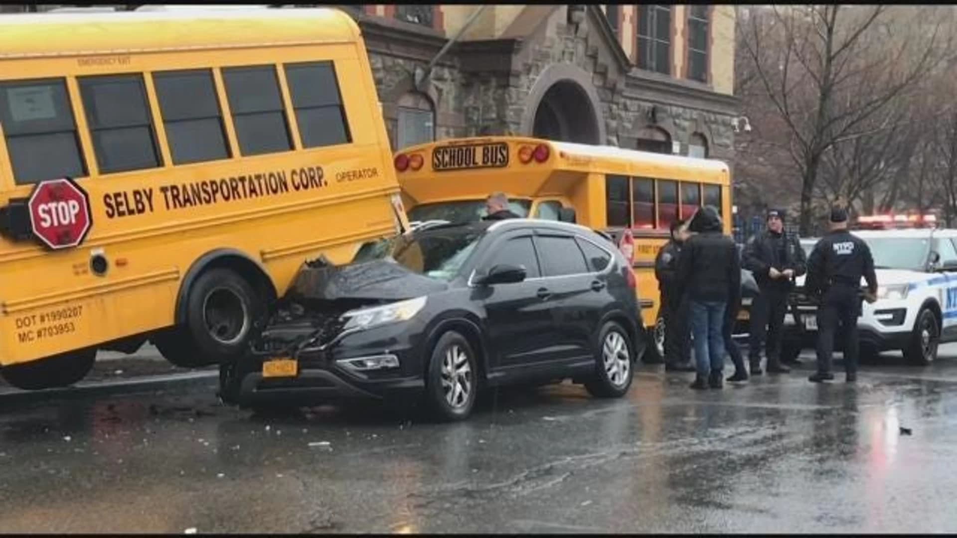 SUV slams into parked mini school bus in Highbridge