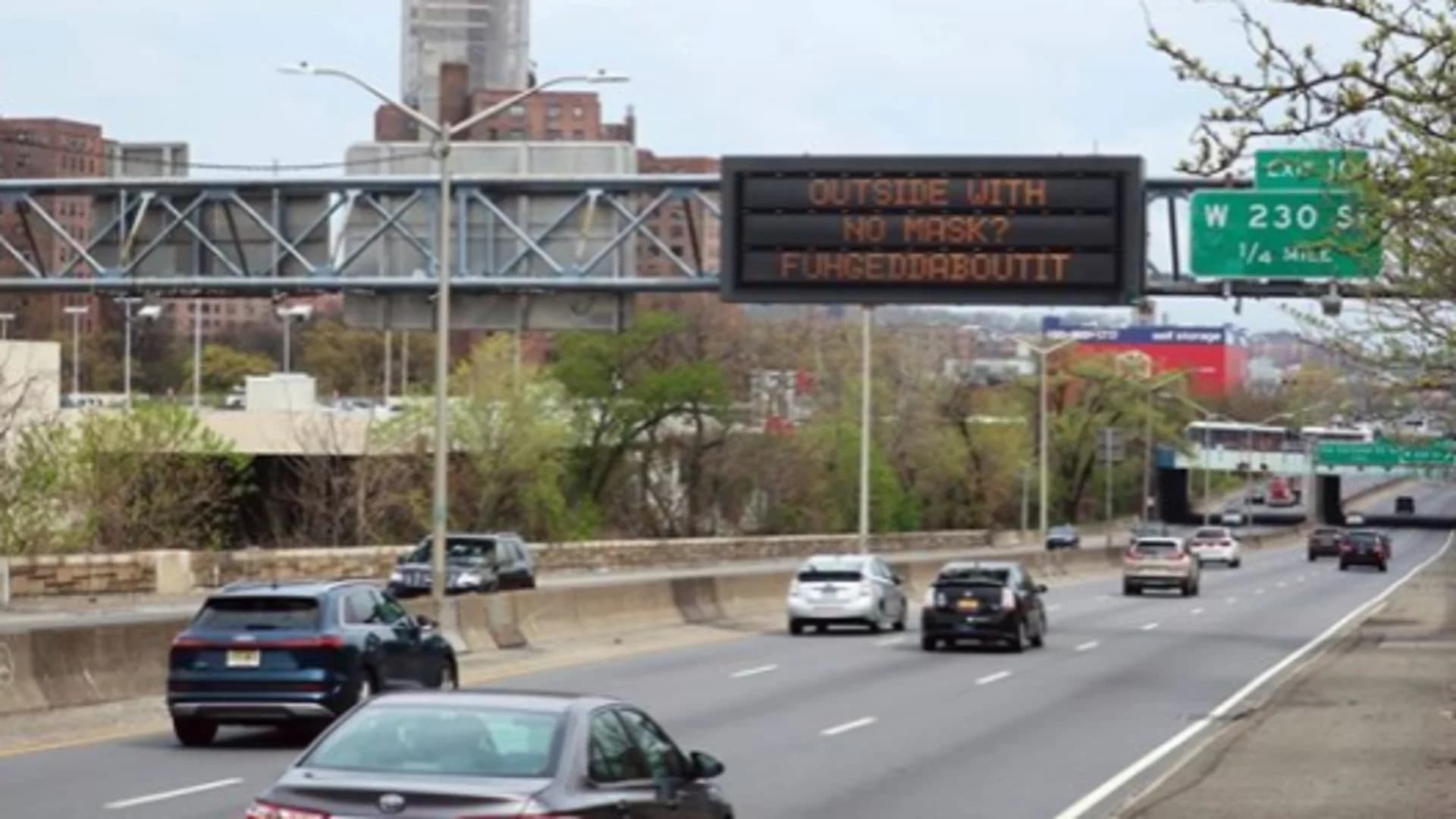 “No Mask? Fuhgeddaboutit”- I-87 sign offers COVID-19 reminder, NYC-style