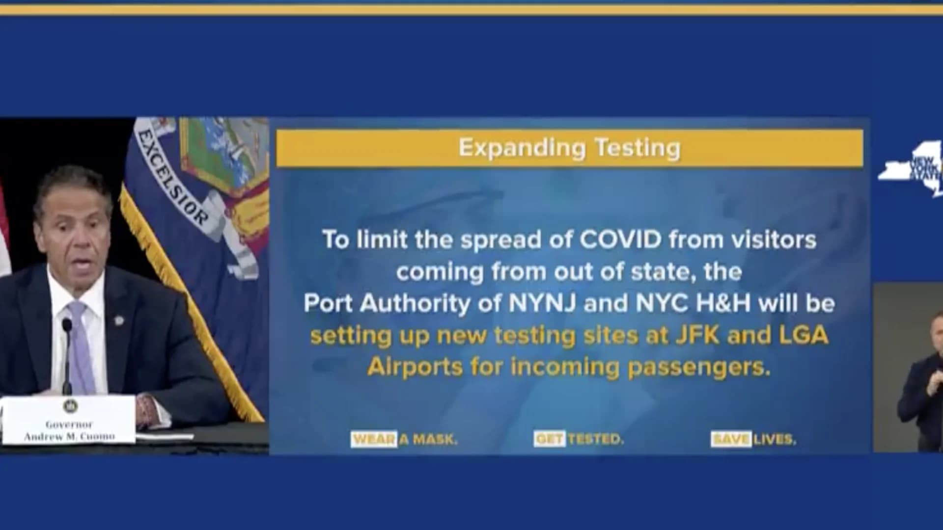 Gov. Cuomo says new COVID-19 testing sites are coming to NY airports, issues guidance on youth sports